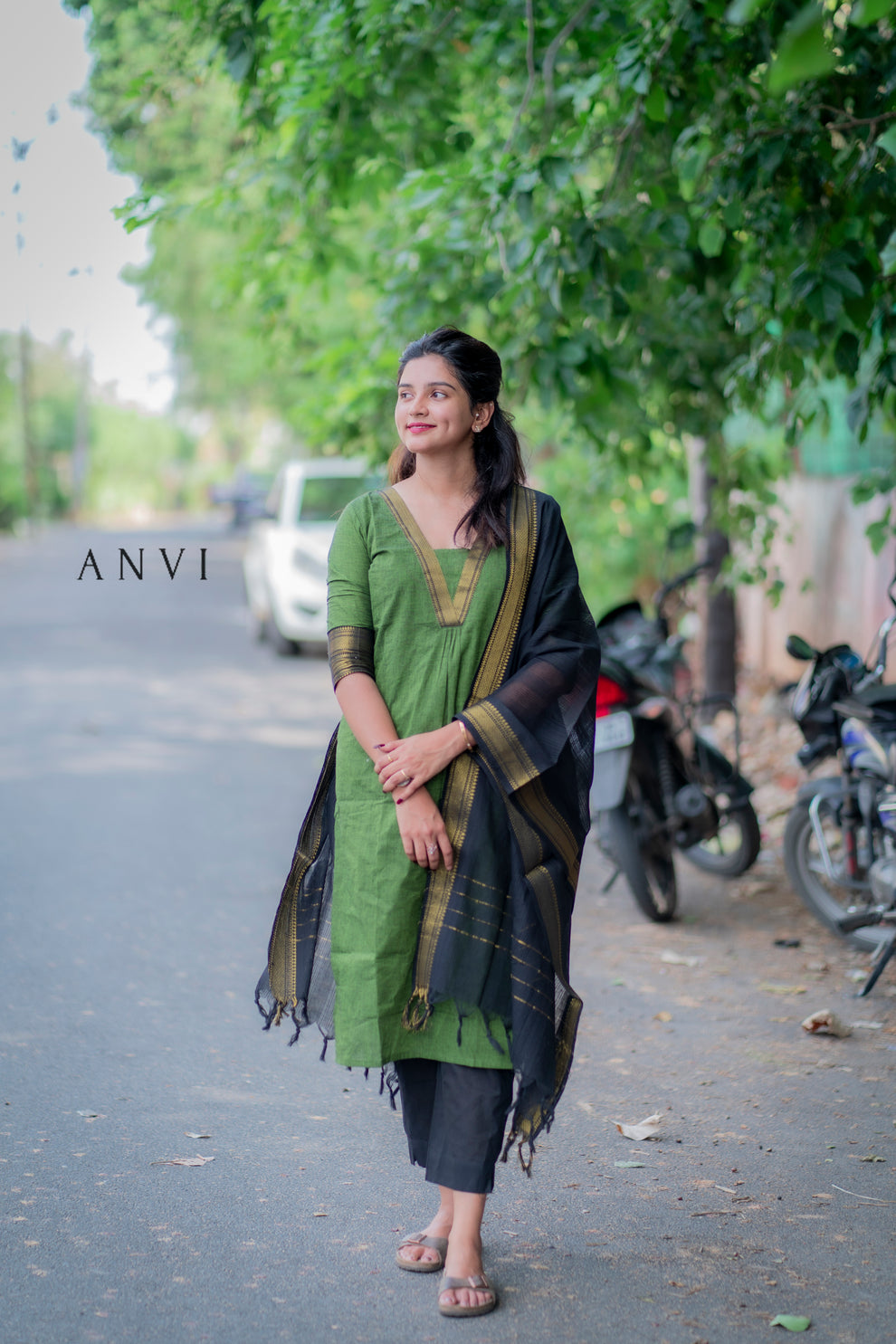 Orange - Mangalagiri Handloom Cotton Kurta with Palazzo & Dupatta Set